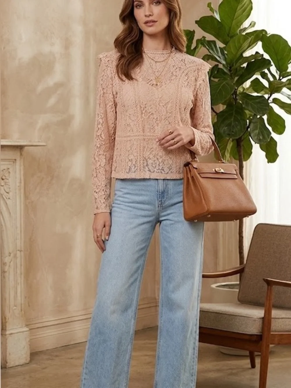 Zara long sleeve nude floral lace cropped top with zippered closure  | worn once